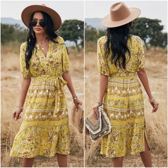 boho floral print v neck belted side slit dress - Picture 2 of 6